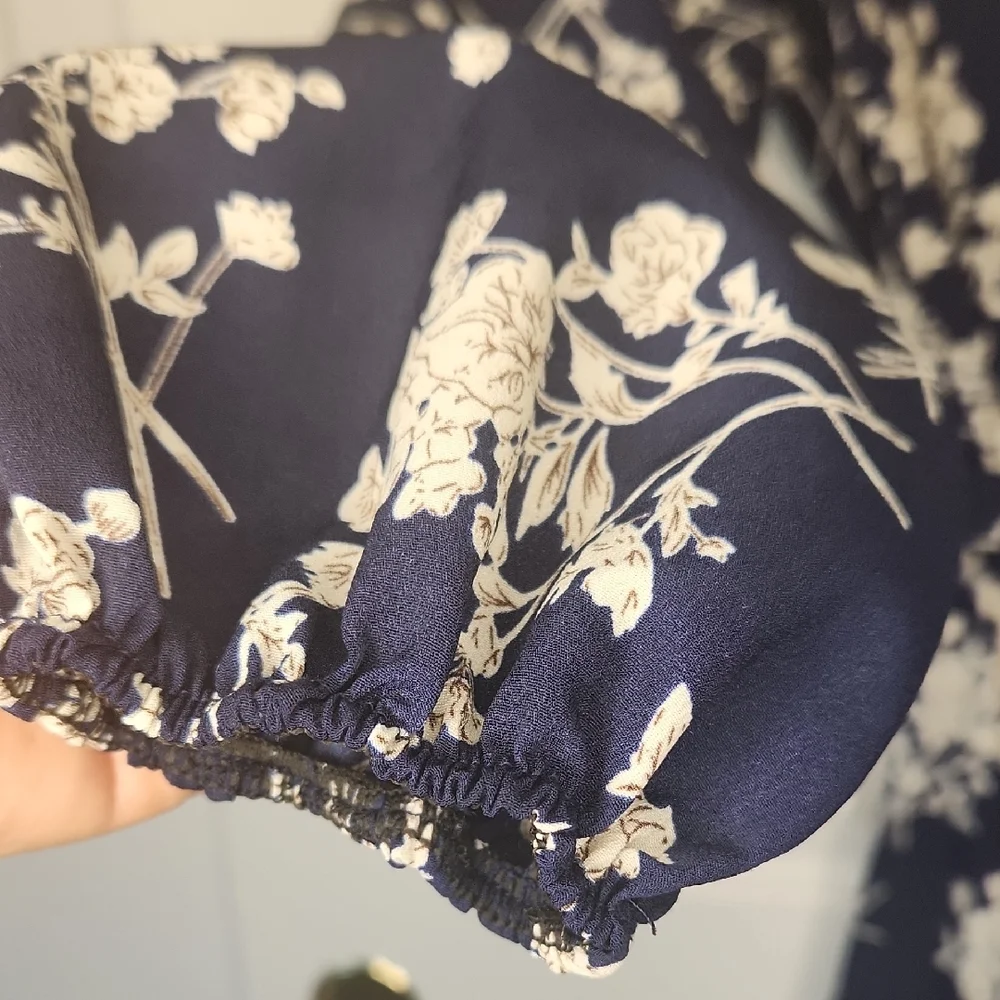 Navy Dark Blue Floral Flirty Faux Wrap Fabric Belt Long Sleeve Dress Size M - Picture 4 of 11